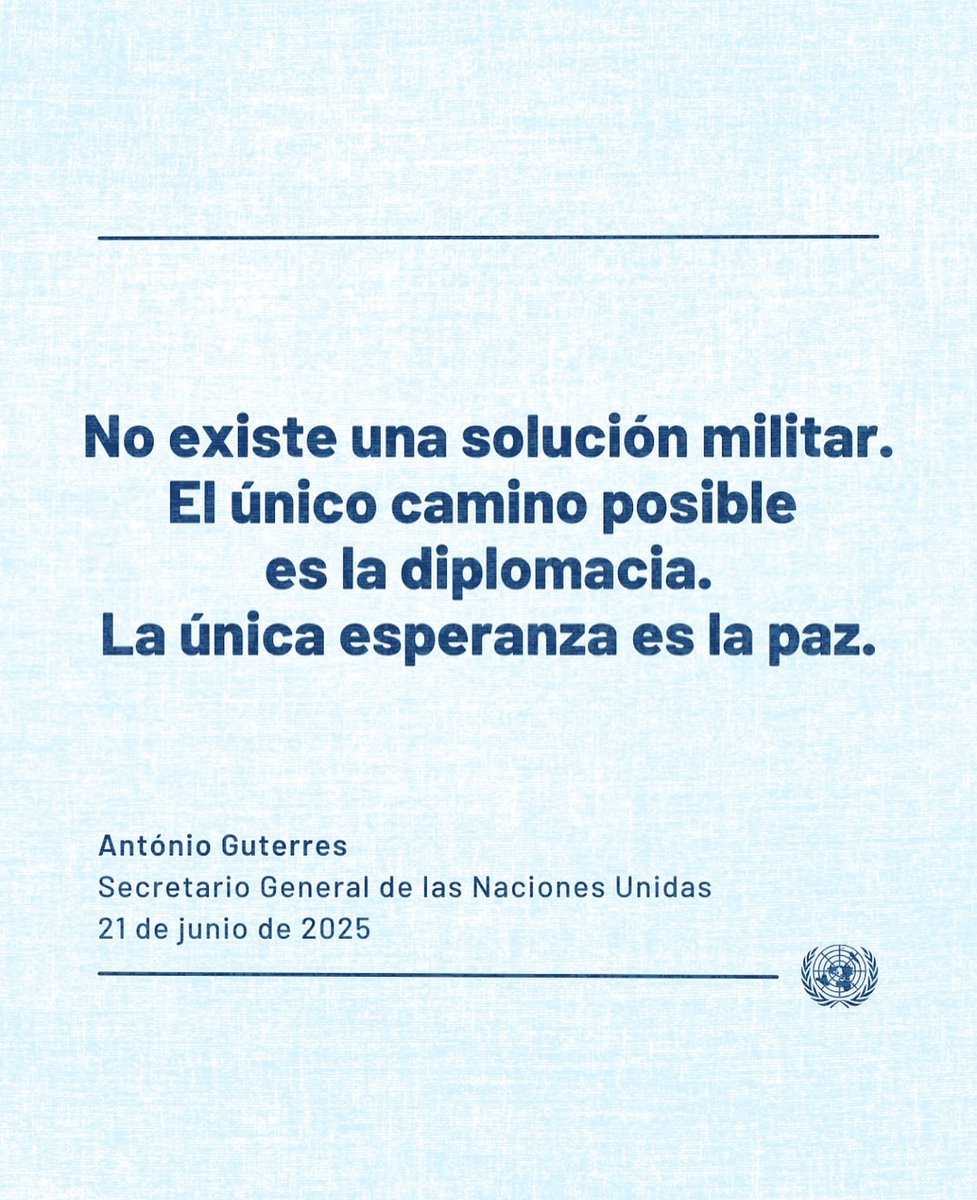 Gianluca Rampolla 🇺🇳 (@rampolla_un) on Twitter photo La diplomacia y la paz siempre deben ser el único camino… y así lo recuerda el Secretario General de la ONU, <a href="/antonioguterres/">António Guterres</a>:
“Estoy profundamente alarmado por el uso de la fuerza por parte de Estados Unidos contra Irán en el día de hoy. Se trata de una peligrosa escalada en La diplomacia y la paz siempre deben ser el único camino… y así lo recuerda el Secretario General de la ONU, <a href="/antonioguterres/">António Guterres</a>:
“Estoy profundamente alarmado por el uso de la fuerza por parte de Estados Unidos contra Irán en el día de hoy. Se trata de una peligrosa escalada en
