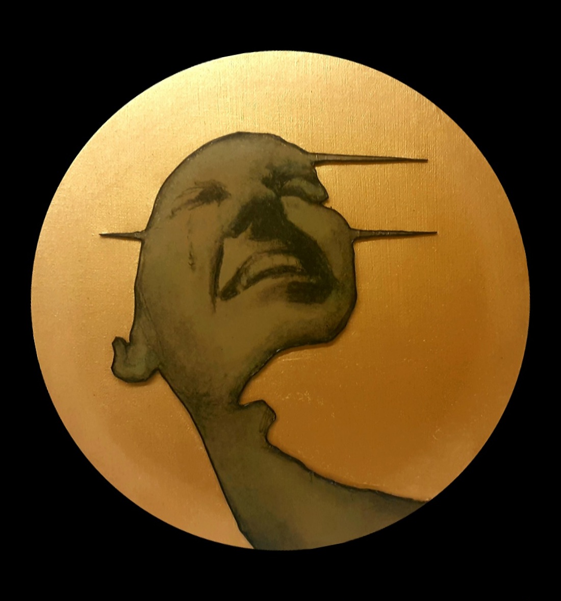 'Sovereign' - charcoal, ink and acrylic on treated cardboard and circular canvas (2025).