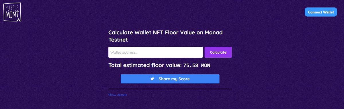 ¿Crees que has farmeado bien la testnet de Monad? 🤔

Vamos a comprobarlo...

Pega la dirección de tu wallet en este checker (no hace falta conectarla) y te dirá en cuantos tokens $MON está valorado tu actividad

🔗 purplemint.xyz/nft-value

Por aquí poco más de 75, la verdad es