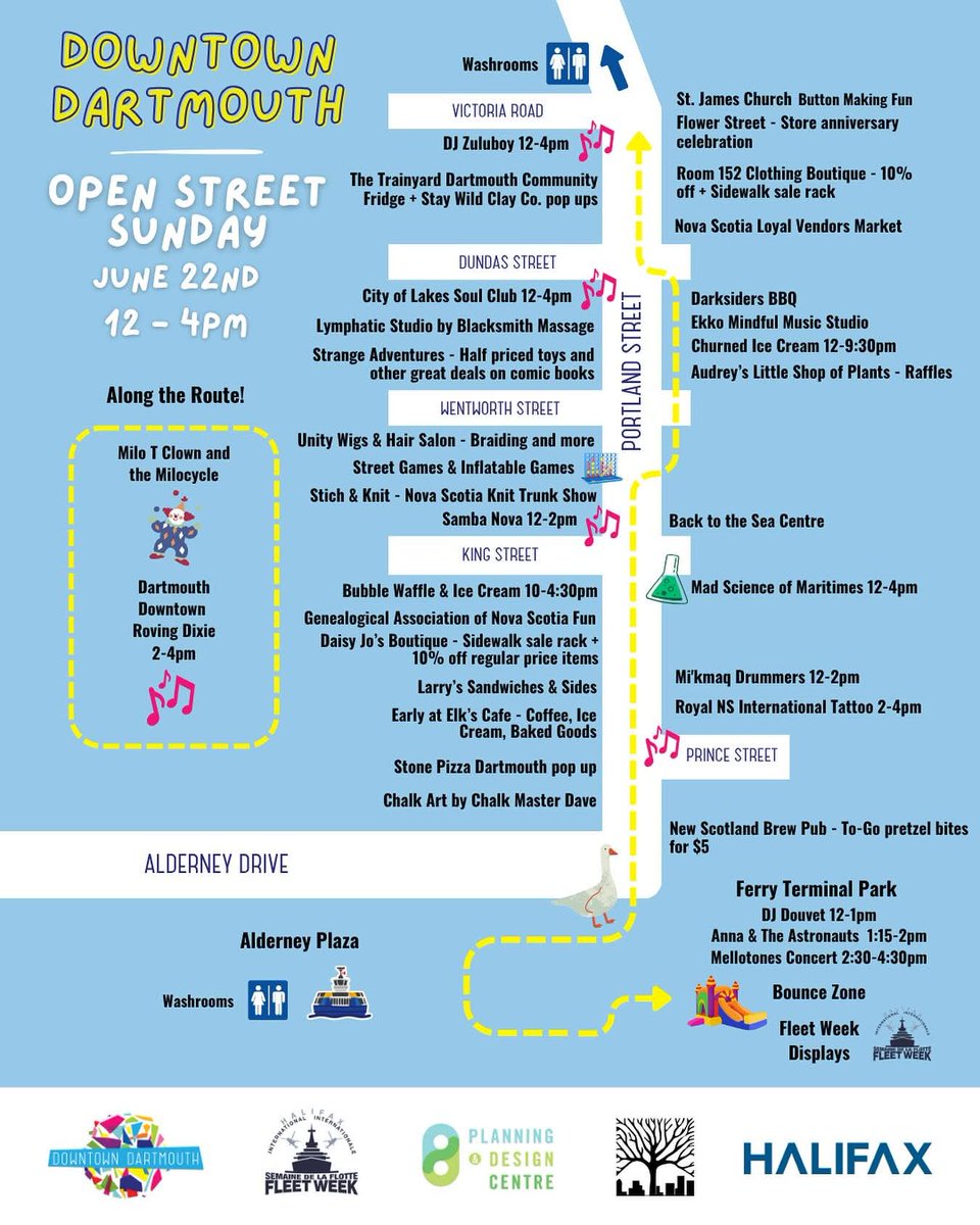 **** Via Downtown Dartmouth Business Commission

DARTMOUTH OPEN STREET MAP

Today is the day! Take a look at all of the Dartmouth Open Street fun we’ve got planned!

Portland Street will be closed to traffic from 11am-5pm with lots of fun set up from noon-4pm!

#hfxtraffic