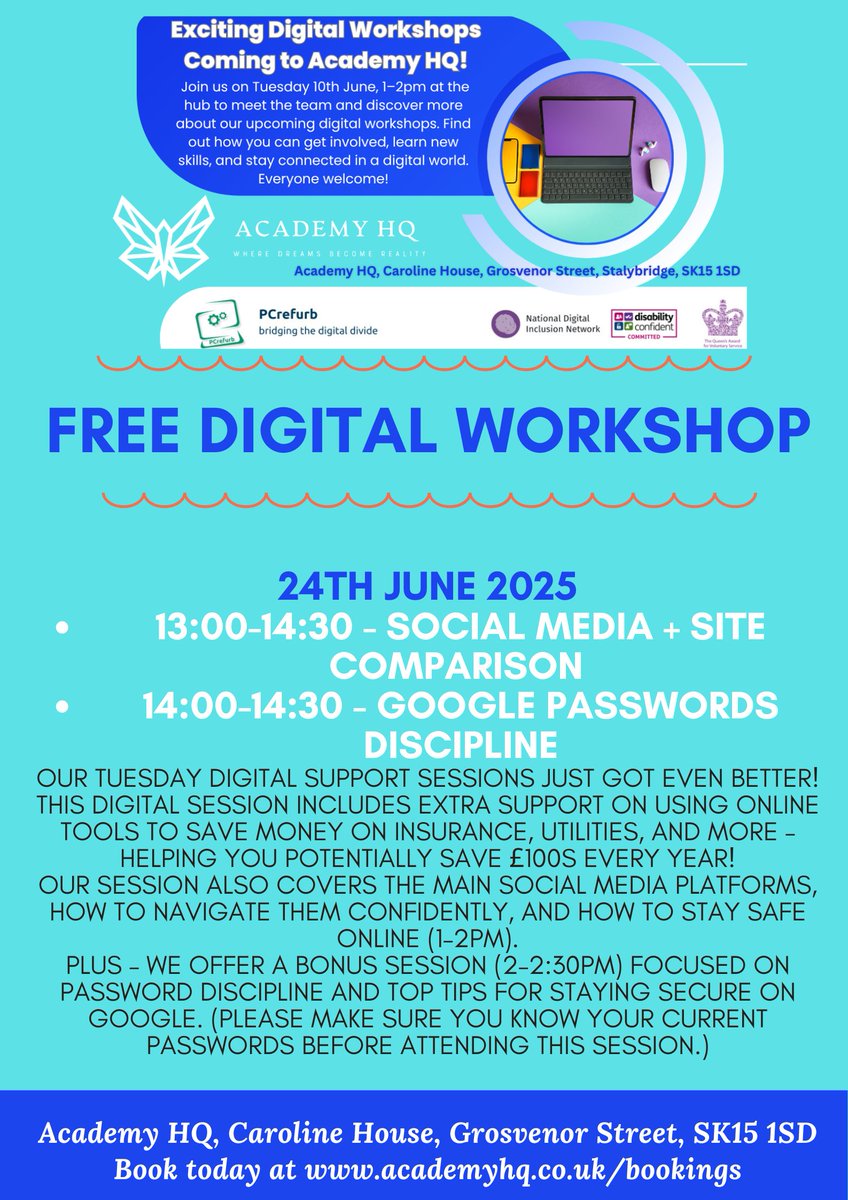 #Free digital workshops at Academy HQ - STALYBRIDGE. We are covering using comparison sites, and changing providers - saving you £100's every year. Social media navigation and safety. Plus Google passwords keeping your details secure online! <a href="/TamesideCouncil/">Tameside Council</a> <a href="/PCrefurbCharity/">PCrefurb</a>