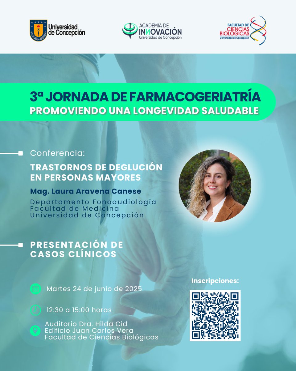 Seguimos trabajando por una #LongevidadSaludable en la #UdeC. El martes 24 de junio tendremos las 3º Jornadas de #Farmacogeriatría. Abordaremos el manejo farmacológico de las #PersonaMayores, #Polifarmacia, problemas de deglución y las interacciones.
Están cordialmente invitad@s