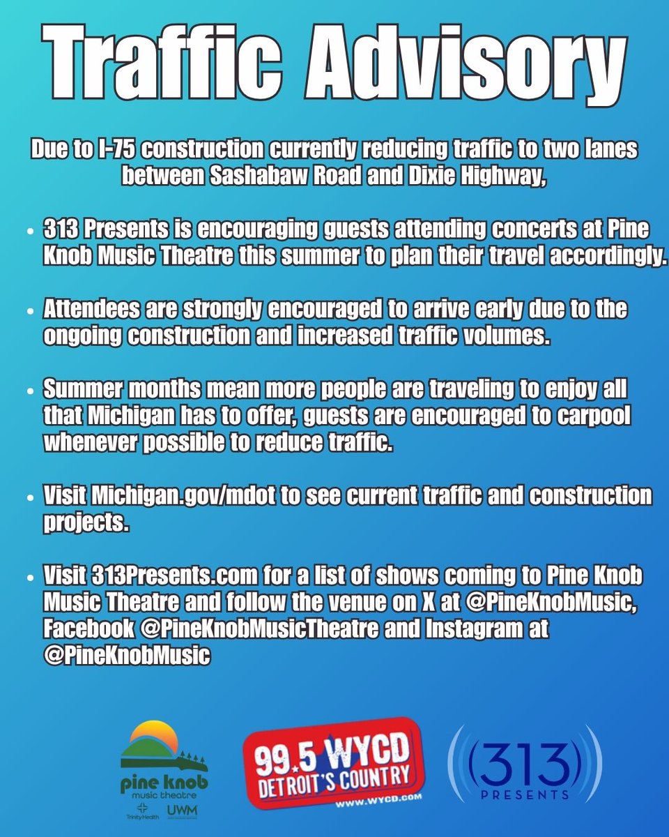 Heads up, music lovers! 🚧🎶 

Road construction is underway on your route to Pine Knob Music Theatre, so plan extra time and stay safe. 

Visit michigan.gov/mdot to see current traffic and construction projects.

Can't wait to see you at there!