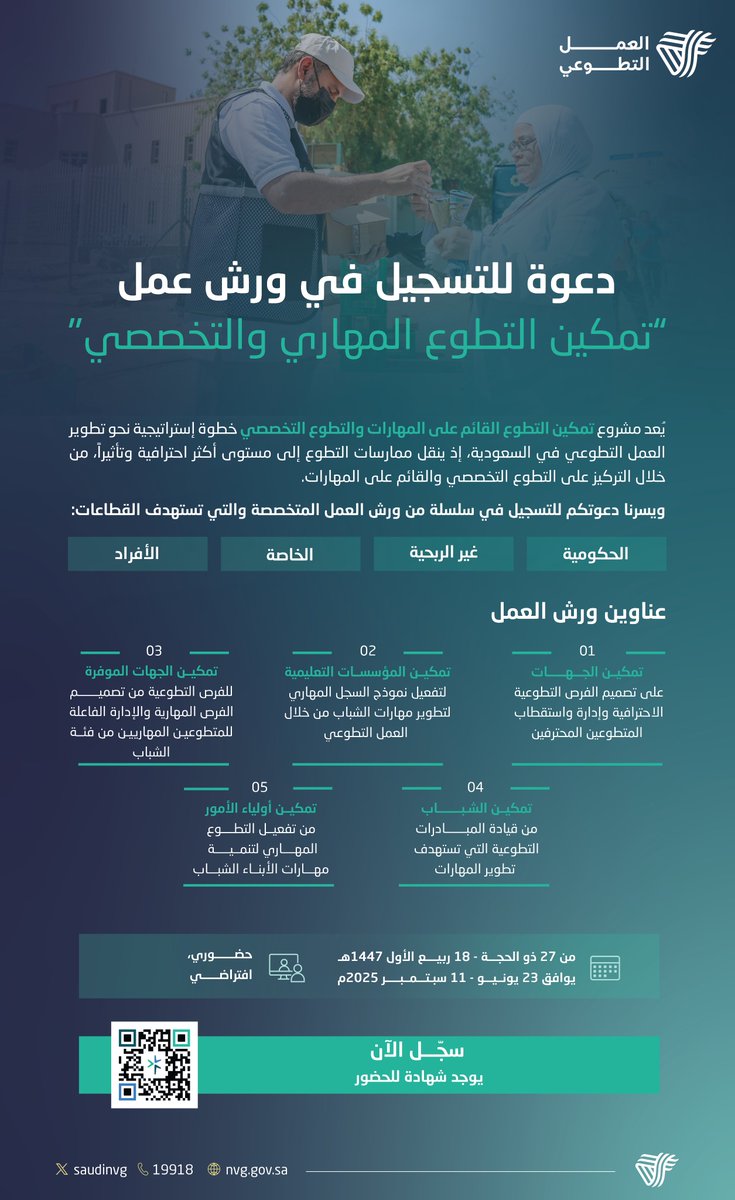 ضمن الجهود الوطنية لتطوير العمل التطوعي، تنطلق ورش عمل "تمكين التطوع المهاري والتخصصي" لتأهيل وتمكين الجهات والأفراد من مختلف القطاعات.
🗓️ تقام الورش حضوريًا وافتراضيًا
🔗 للتسجيل: ncnp.gov.sa/ar/next-worksh…
#العمل_التطوعي