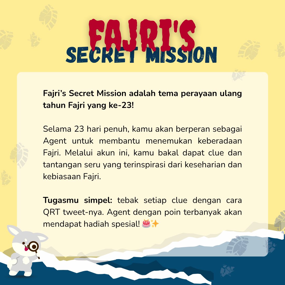 jriifever's tweet photo. Tahun ini, kita nggak cuma sekadar merayakan ultah Fajri. Kita semua akan menjadi AGENT! 🕶️

Ayo, drop username kamu sekarang sebagai tanda kalau kamu resmi bergabung jadi Agent di misi ini! 🚀🕵️‍♂️

#FajriSecretMission #23rpriseFajriDay https://t.co/weKYRIy5Nr