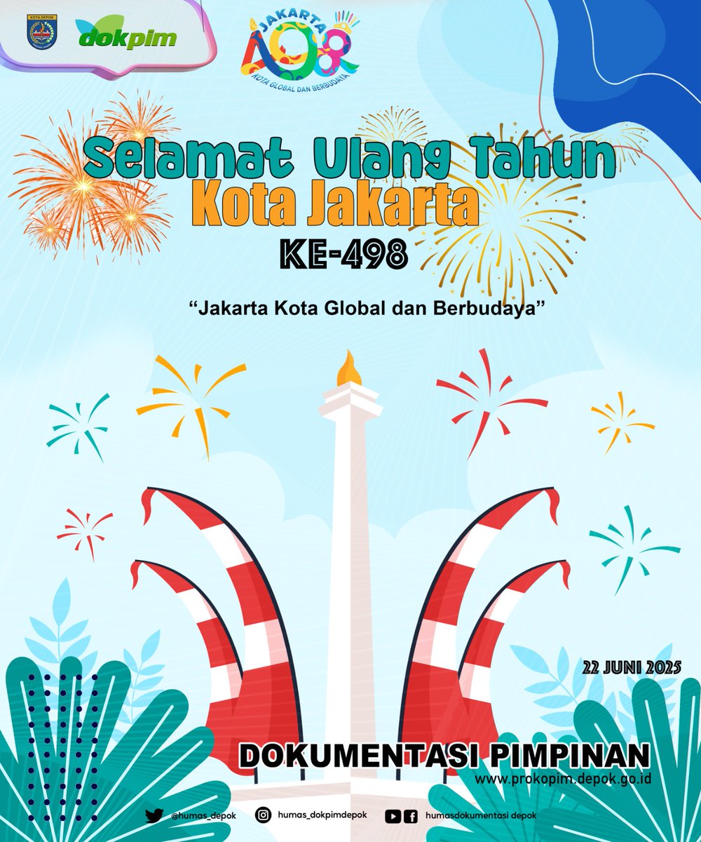 Selamat Hari Ulang Tahun (HUT) Ke-498 Kota Jakarta. 

Semoga Jakarta terus berkembang menjadi kota yang ramah dan inovatif serta bersahabat bagi seluruh warganya.
#Jakarta498