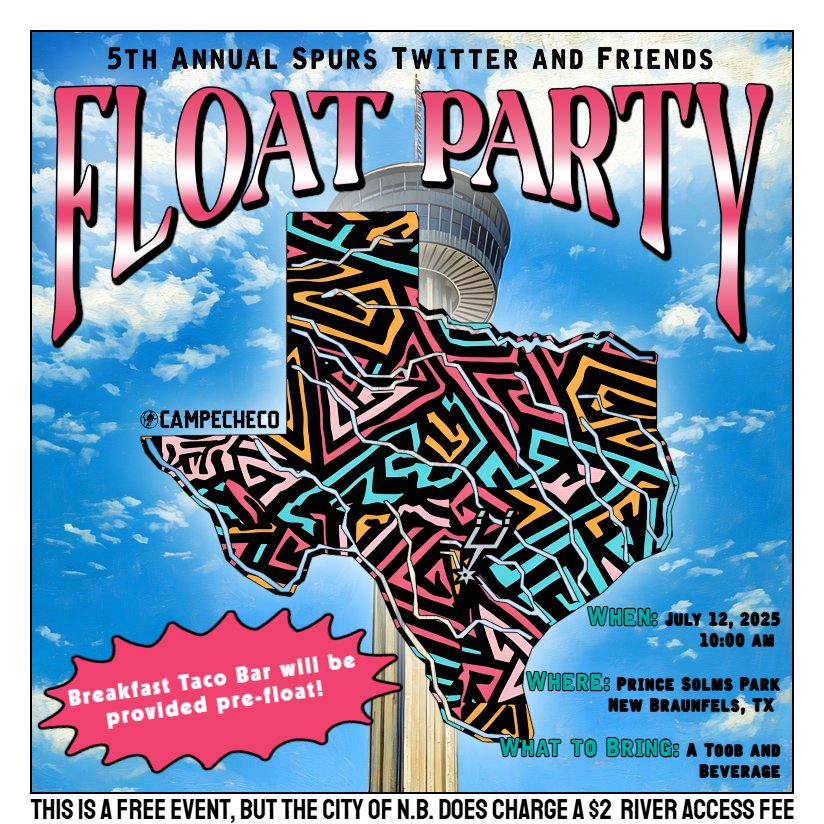 Dakota Mitchell (@dakmitch) on Twitter photo Floating the Guadalupe today to train for the 5th annual <a href="/spurs/">San Antonio Spurs</a> float party coming up on July 12th with <a href="/CampecheCo/">Campeche Collective</a> 🤙
Who's gonna be there with me in July??? Floating the Guadalupe today to train for the 5th annual <a href="/spurs/">San Antonio Spurs</a> float party coming up on July 12th with <a href="/CampecheCo/">Campeche Collective</a> 🤙
Who's gonna be there with me in July???