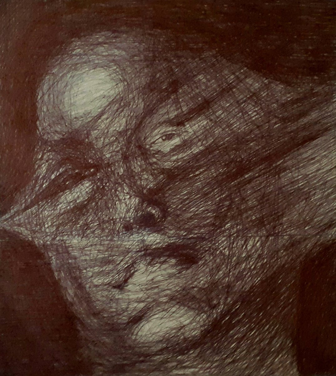 Split face study - pen on treated cardboard (2025).