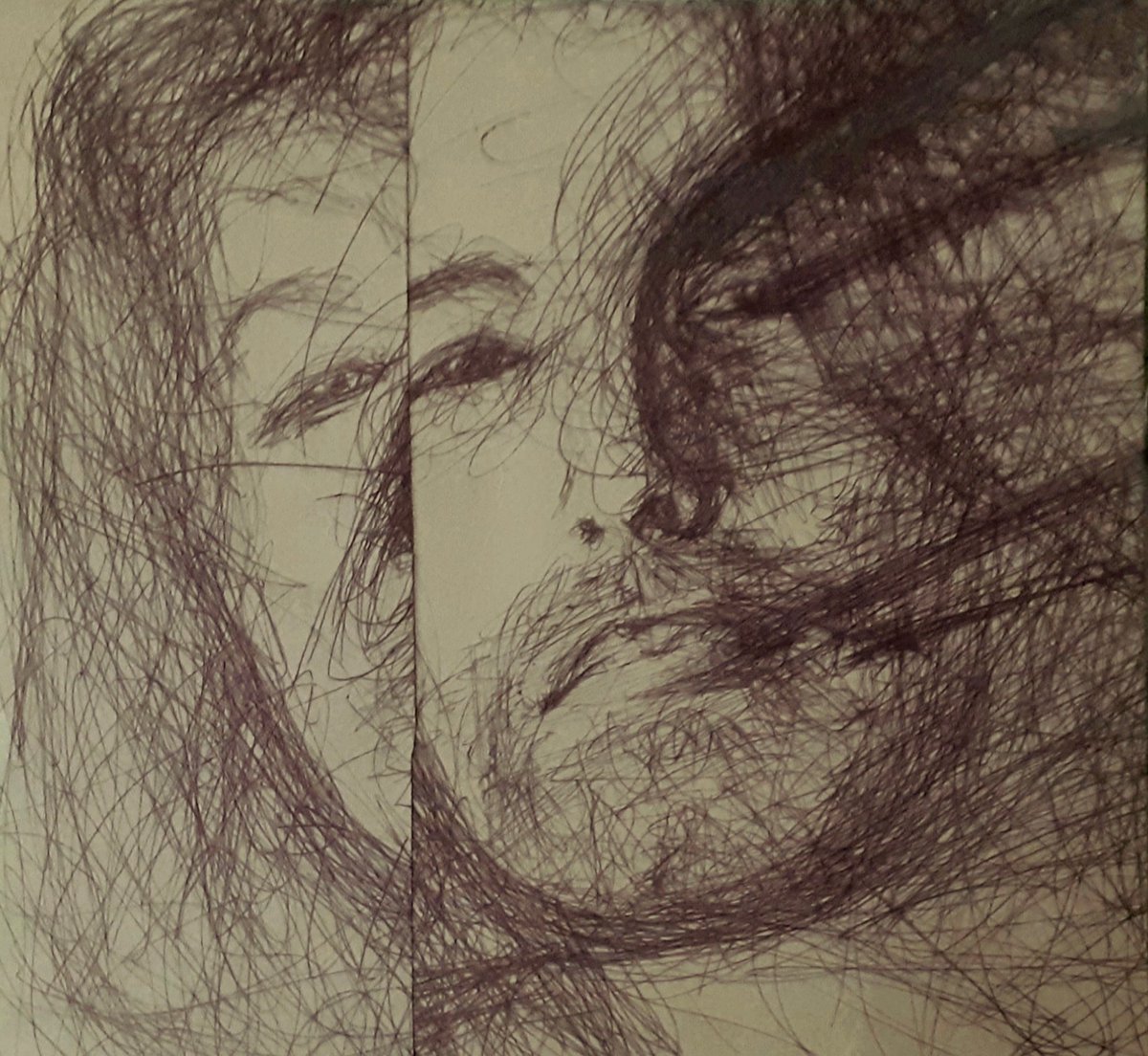 Split face study - pen on treated cardboard (2025).