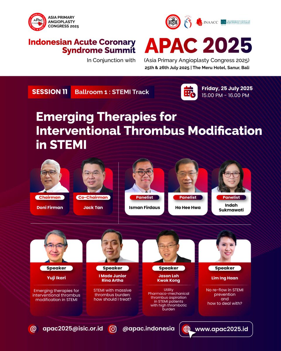 Indah Sukmawati, MD (@indahsp_md) on Twitter photo Clot Crisis in the Cath Lab? Let’s Talk Solutions.
Managing thrombus in STEMI is like navigating a ticking time bomb — and traditional methods aren’t always enough. That’s why in Session 11 – STEMI Track, we’re taking a bold step forward to explore emerging therapies for Clot Crisis in the Cath Lab? Let’s Talk Solutions.
Managing thrombus in STEMI is like navigating a ticking time bomb — and traditional methods aren’t always enough. That’s why in Session 11 – STEMI Track, we’re taking a bold step forward to explore emerging therapies for