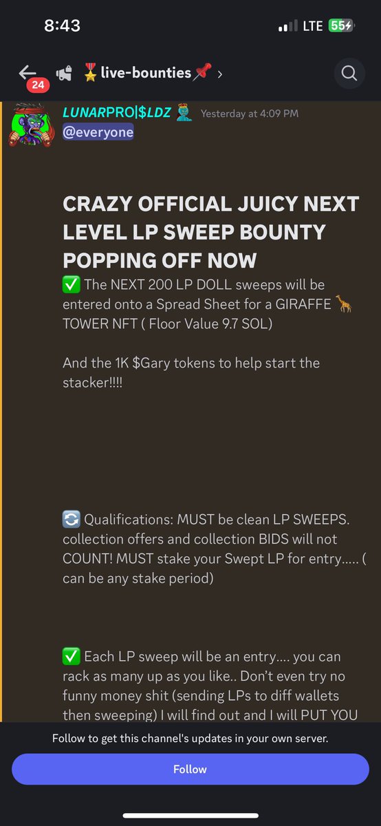 This is so bullish famzz.
A founder that’s ready to push the project to the next level 

This is your chance to join <a href="/LunardollzNft/">✨The LunarVerse ☄️</a> , we are running a bounty for the next 200 LP Doll purchases and the winner of that bounty will get a giraffe tower!!

That’s so MASSIVE 🥶🧃🧃🧃