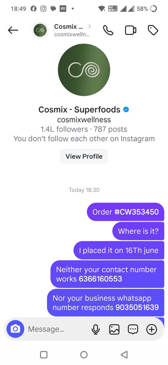 imnomber24's tweet photo. @cosmixwellness I ordered my product a week back!
There hasn't been any updates or activity since then.
Your support number 6366160553 is off
Insta page or whatsapp window doesn't respond
What sort of nonsense is going on in this no-nonsense camping of yours?
#Scam
@ANI
@aajtak https://t.co/PR14BVWkiC