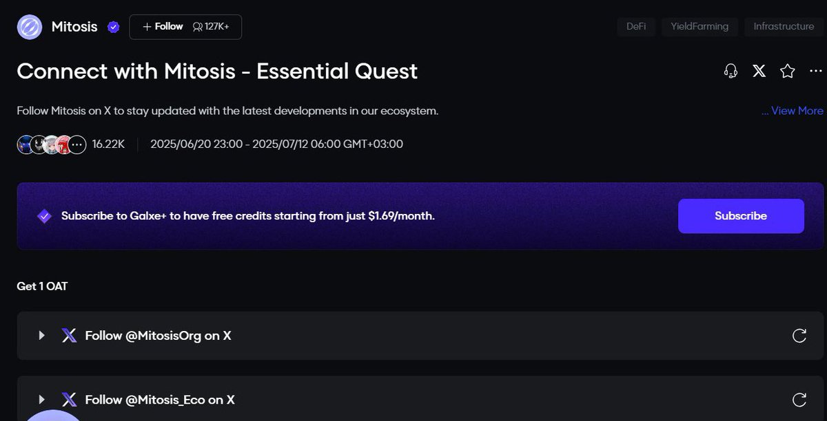 📢 <a href="/MitosisOrg/">Mitosis</a> 上线了全新 Galxe 任务！

自从他们启动基金会后，总感觉 TGE 快来了……🔔

📌 操作指南：
👉 前往任务页面：app.galxe.com/quest/Mitosis/…
✅ 完成 3 个社交任务
🎖️ 获得 OAT 作为凭证

别错过！可能是 TGE 前最后一个重要任务了！