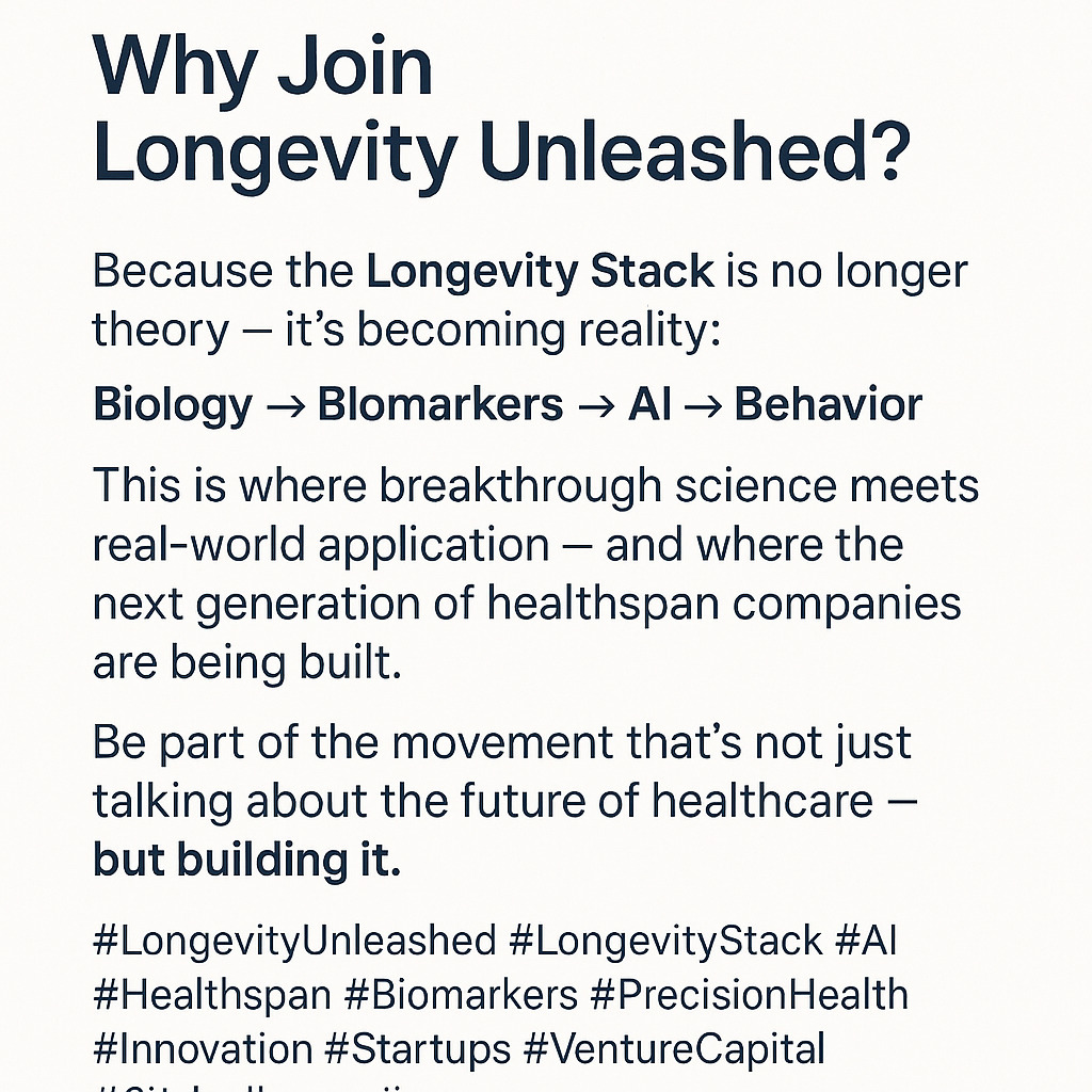PHfirstMarsNext's tweet image. Why Join Longevity Unleashed?

The Longevity Stack is real: Biology → Biomarkers → AI → Behavior. This is where science meets action and the future of healthcare is being built.

JOIN THE MOVEMENT: tinyurl.com/yv93pdrw

#LongevityUnleashed #Healthspan #AI #Biomarkers