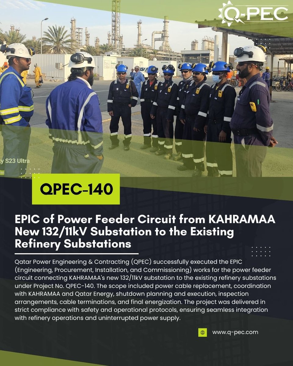 qpec_doha's tweet image. This critical milestone marks a significant enhancement in the electrical infrastructure, ensuring reliable and efficient power distribution for refinery operations.

#QPEC #EPICProject #Substation132kV #RefineryPower #PowerFeederCircuit #EngineeringExcellence