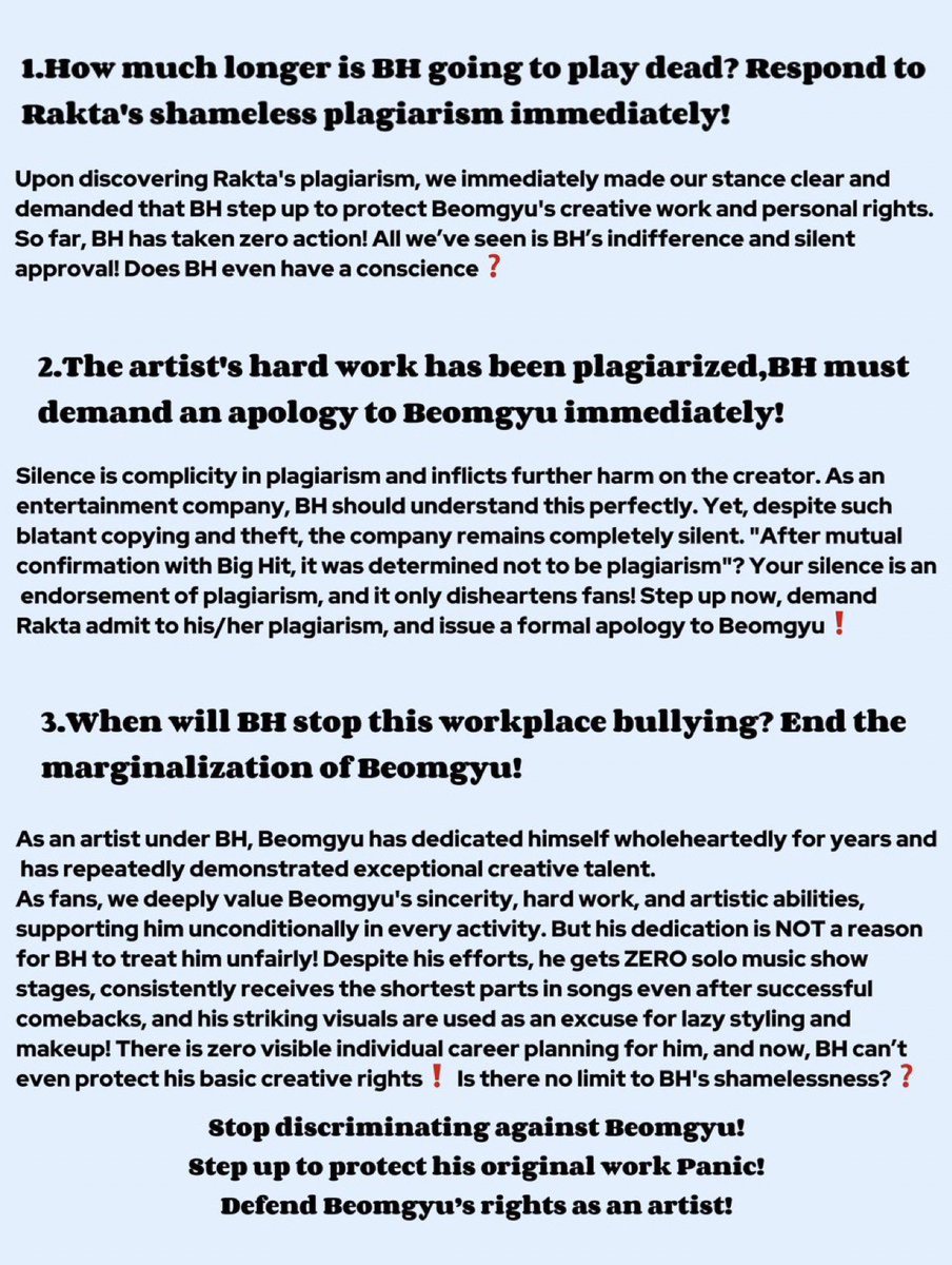 . (@jaelestiale) on Twitter photo BIGHIT TAKE ACTIONS
RESPOND IMMEDIATELY
#PanicIsBeomgyusArt
#RespectBeomgyusWork
<a href="/BIGHIT_MUSIC/">BIGHIT MUSIC</a> <a href="/HYBEOFFICIALtwt/">HYBE OFFICIAL</a> BIGHIT TAKE ACTIONS
RESPOND IMMEDIATELY
#PanicIsBeomgyusArt
#RespectBeomgyusWork
<a href="/BIGHIT_MUSIC/">BIGHIT MUSIC</a> <a href="/HYBEOFFICIALtwt/">HYBE OFFICIAL</a>