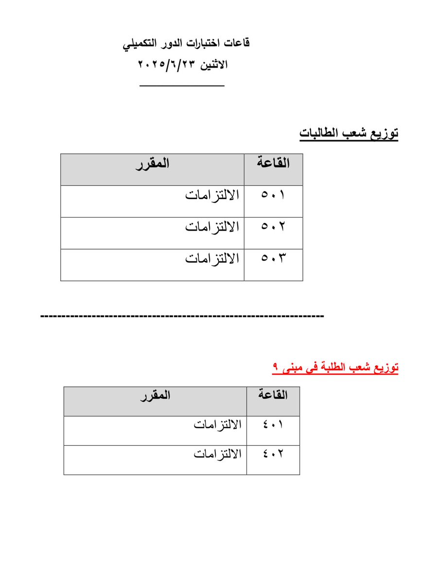 توزيع قاعات اختبار يوم الاثنين الفترة الصباحية