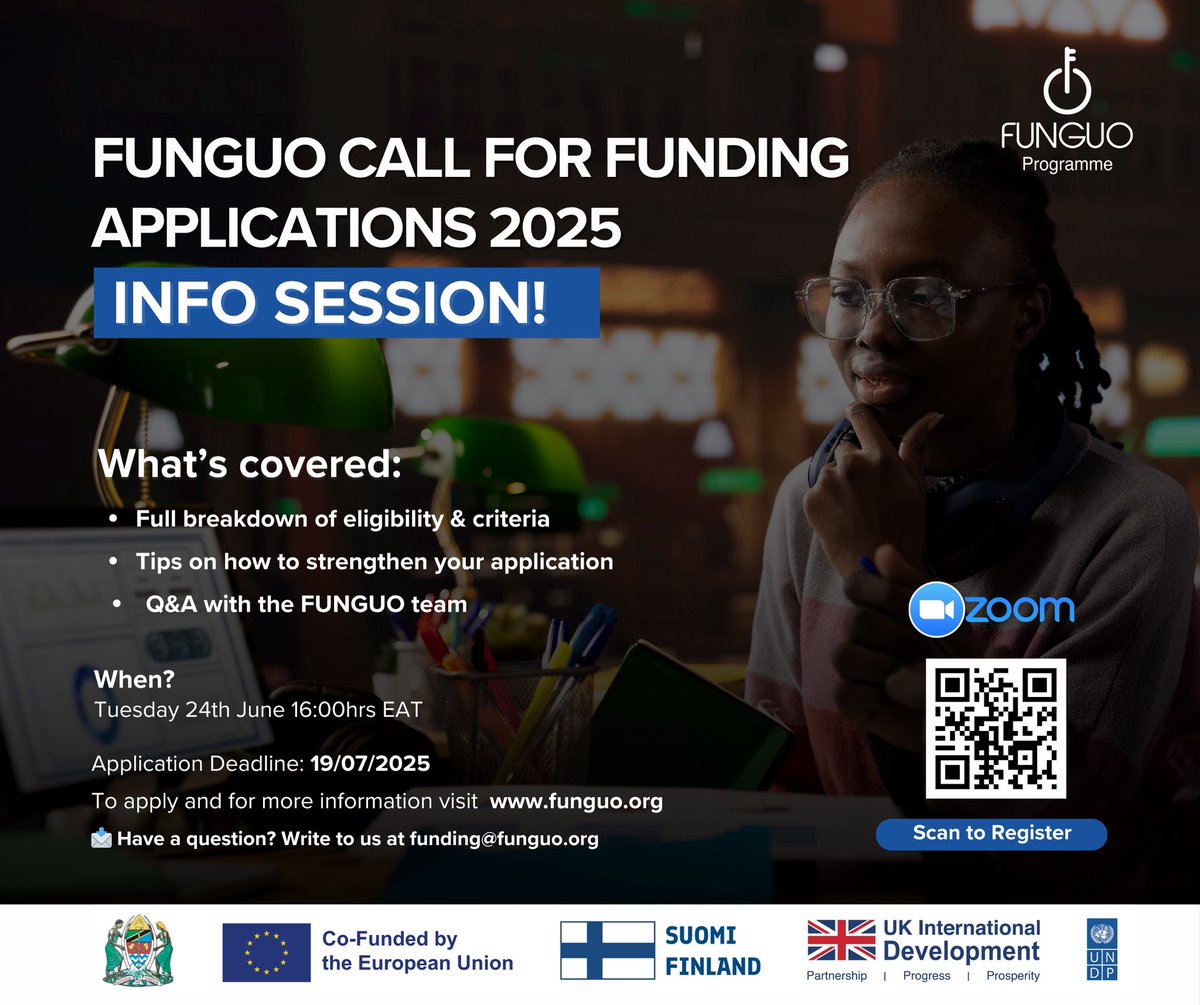 Calling all innovators!

Join the FUNGUO 2025 Funding Call 1st  Info Session on June 24 at 16:00 EAT.

✔️ Eligibility breakdown
✔️ Application tips
✔️ Live Q&amp;A
Deadline: July 19th 2025

🔗 Register: shorturl.at/2HlkT

#FUNGUO #InnovationForImpact