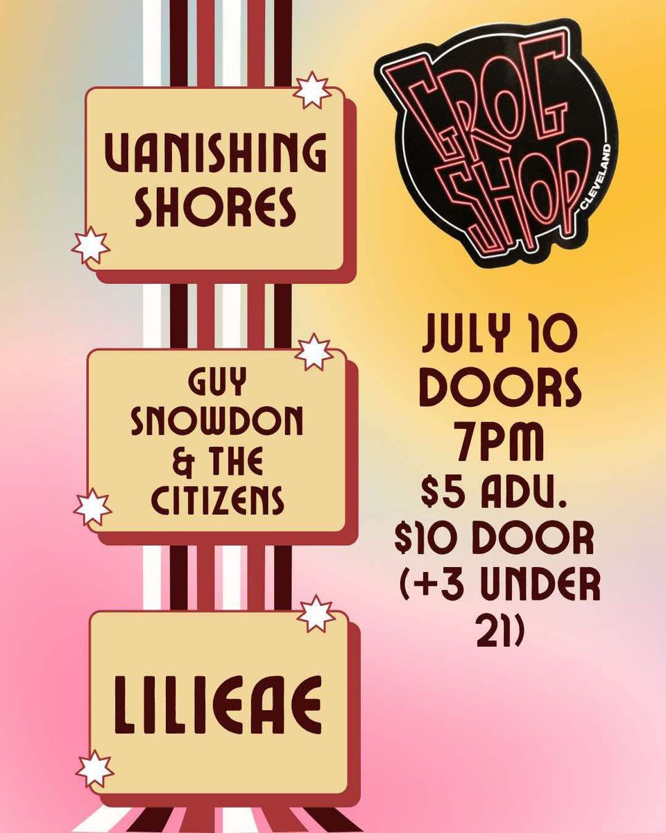 LILIEAE (@lilieaeband) on Twitter photo Who will we see at <a href="/thegrogshop/">thegrogshop</a> on July 10th?!
Vanishing Shores
Guy Snowdon and the Citizens
LILIEAE
Tickets available now 🎫
ticketweb.com/event/lilieae-… Who will we see at <a href="/thegrogshop/">thegrogshop</a> on July 10th?!
Vanishing Shores
Guy Snowdon and the Citizens
LILIEAE
Tickets available now 🎫
ticketweb.com/event/lilieae-…