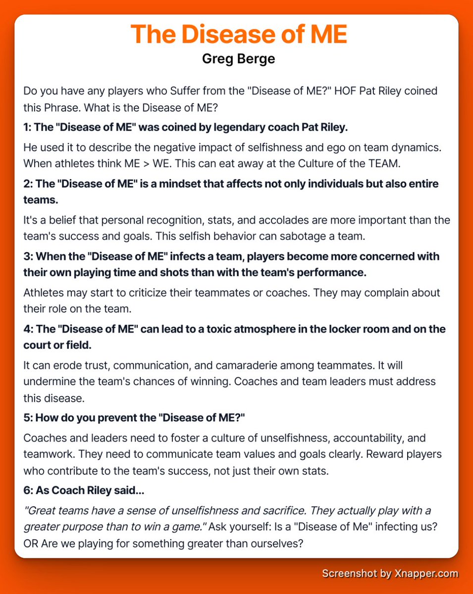 The “Disease of ME” kills teams.

- ME &gt; WE
- Stats &gt; Sacrifice
- Ego &gt; Effort

Legendary coach Pat Riley coined the phrase, and it’s still one of the biggest threats to team culture.

Here’s how to spot it (and stop it):