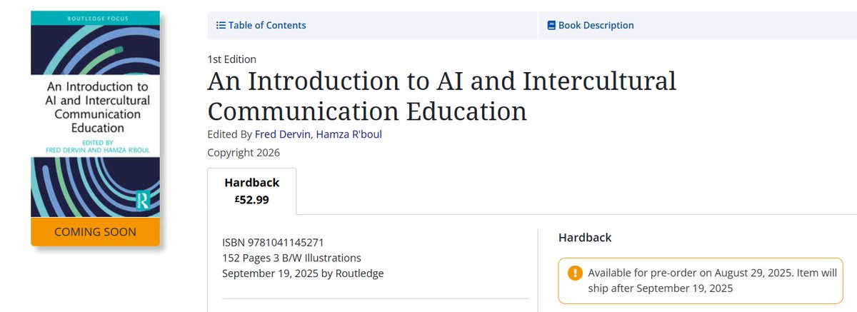 Three books on AI &amp; interculturality (with Fred Dervin) publish late 2025:
1. An Introduction to AI and Intercultural Communication Education
2. Lingua Ex Machina: AI, Multilingualism, and Interculturality
3. Who’s Afraid of AI? Intercultural Aspirations, Frictions, and Fantasies