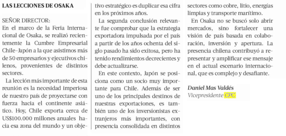 CPC (@cpcchile) on Twitter photo 🌐 En <a href="/latercera/">La Tercera</a>, Daniel Mas, vicepresidente de la #CPC, destaca de la visita a Osaka:
“Chile debe proyectarse con fuerza hacia Asia y actualizar su estrategia exportadora. No solo abrimos mercados, también representamos una visión de país”.
#CPC #ExpoOsaka2025 #ChileJapón 🌐 En <a href="/latercera/">La Tercera</a>, Daniel Mas, vicepresidente de la #CPC, destaca de la visita a Osaka:
“Chile debe proyectarse con fuerza hacia Asia y actualizar su estrategia exportadora. No solo abrimos mercados, también representamos una visión de país”.
#CPC #ExpoOsaka2025 #ChileJapón