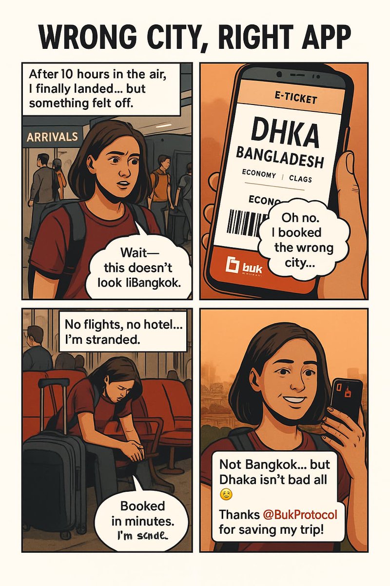 Wesgarchia's tweet image. &quot;Booked the wrong city. Nearly panicked. Then I met BukProtocol. Crisis averted. ✅ #TravelSaved #BukProtocol&quot; @BukProtocol #BukComic
