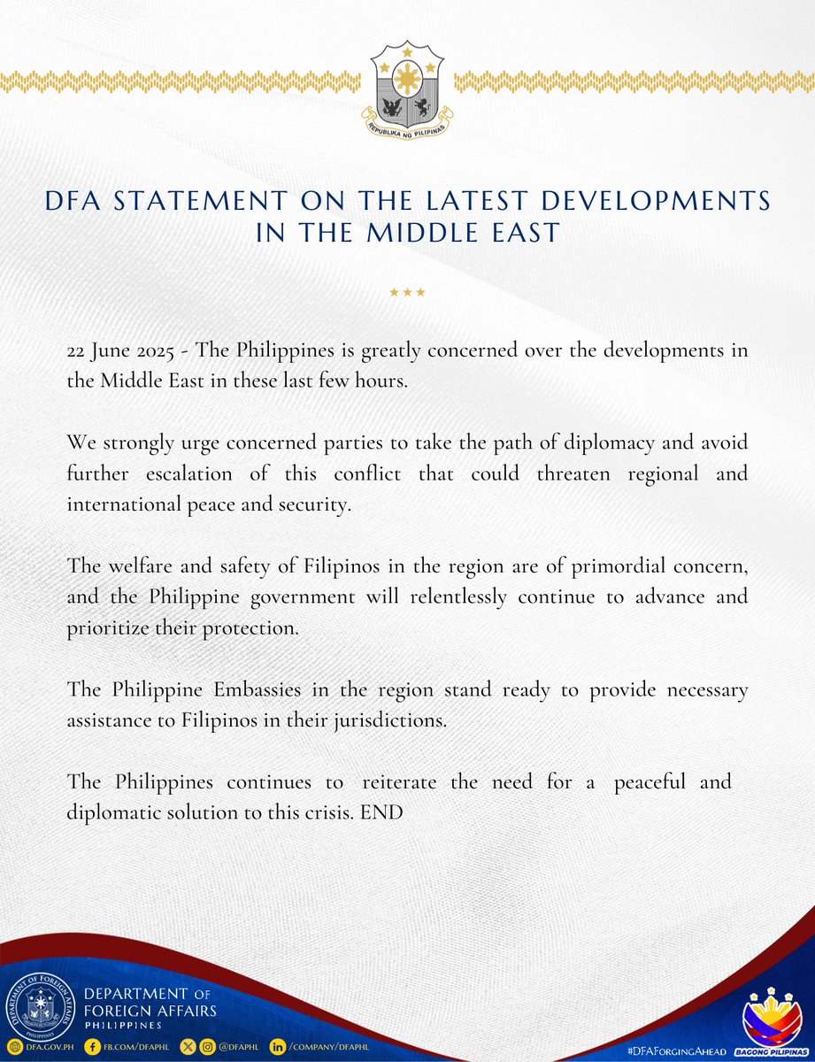 DFAPHL's tweet image. READ #DFAStatement: DFA Statement on the Latest Developments in the Middle East

Also found in this link 👉🏻 tinyurl.com/5jtus9uv
#DFAForgingAhead
