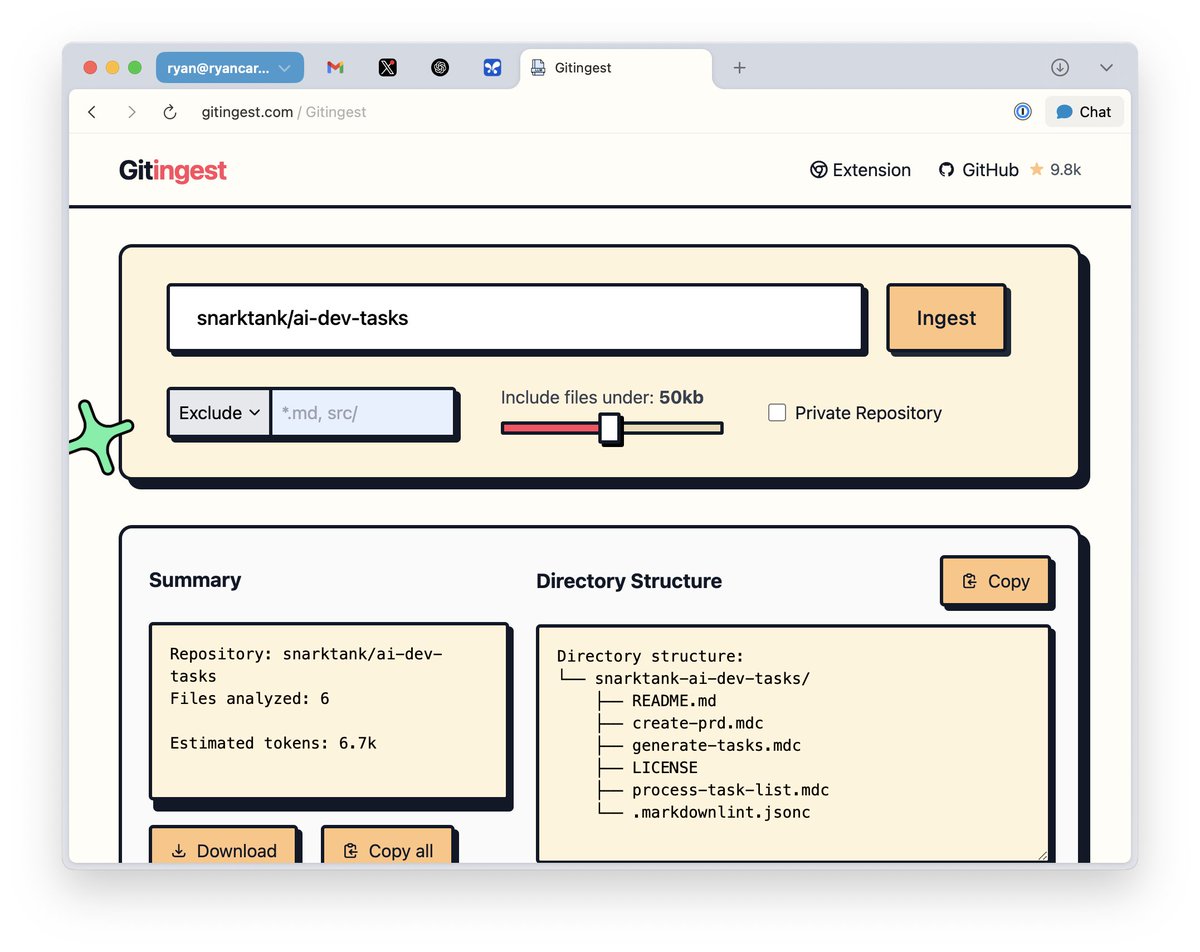 If you're using LLMs to code, you need gitingest by <a href="/romdot2/">cyclotruc</a> 

It's rad :)

Here's why you need it ...