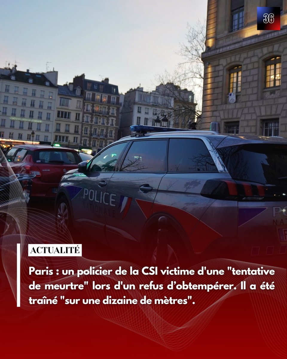 🔴 Paris : "tentative de meurtre sur un policier" de la CSI, lors d'un refus d’obtempérer. Il a été traîné sur une dizaine de mètres. Il a été blessé au bras et hospitalisé.

Un badaud interpellé pour "outrage", un autre pour avoir "lancé une pierre à la tête d’un des policiers".