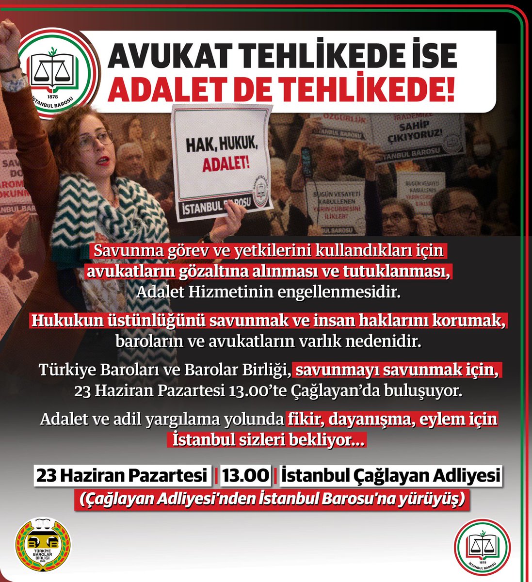 AVUKAT TEHLİKEDE İSE ADALET DE TEHLİKEDE!

Savunma görev ve yetkilerini kullandıkları için avukatların gözaltına alınması ve tutuklanması,
Adalet Hizmetinin engellenmesidir. Hukukun üstünlüğünü savunmak ve insan haklarını korumak, baroların ve avukatların varlık nedenidir.Türkiye