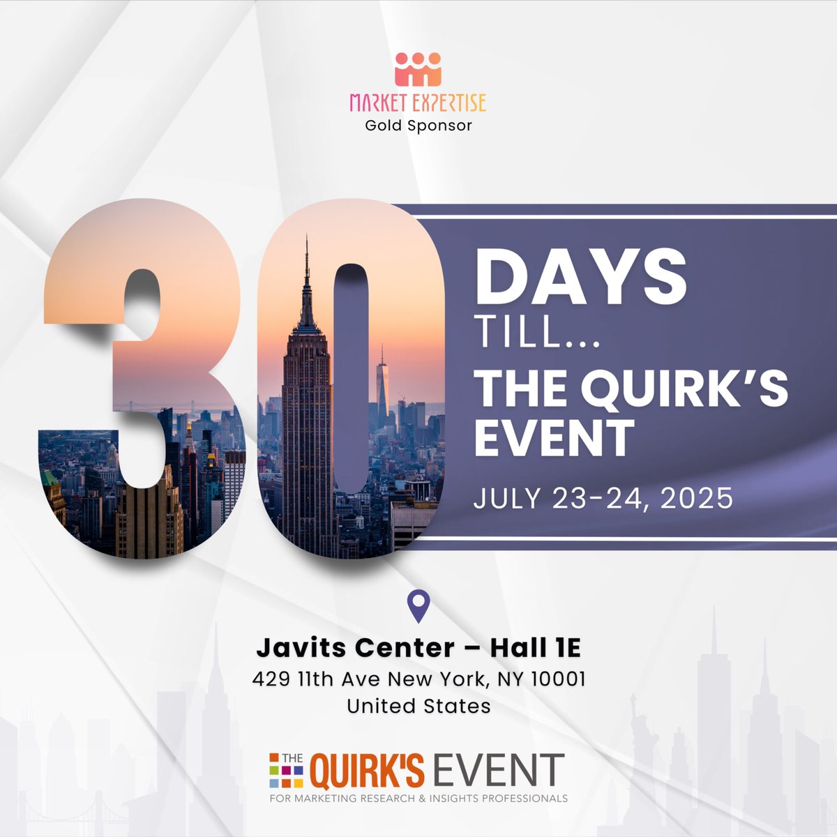 T‑minus 30. The countdown has begun! We only have 30 days till the start of the <a href="/QuirksMR/">Quirk's Media #MRX</a>  Event, which takes place in New York, 𝟮𝟯𝗿𝗱- 𝟮𝟰𝘁𝗵 𝗝𝘂𝗹𝘆. Market Expertise arrives as Gold Sponsor two days of rigorous debate, fresh evidence,&amp; clear thinking at the Quirk’s Event