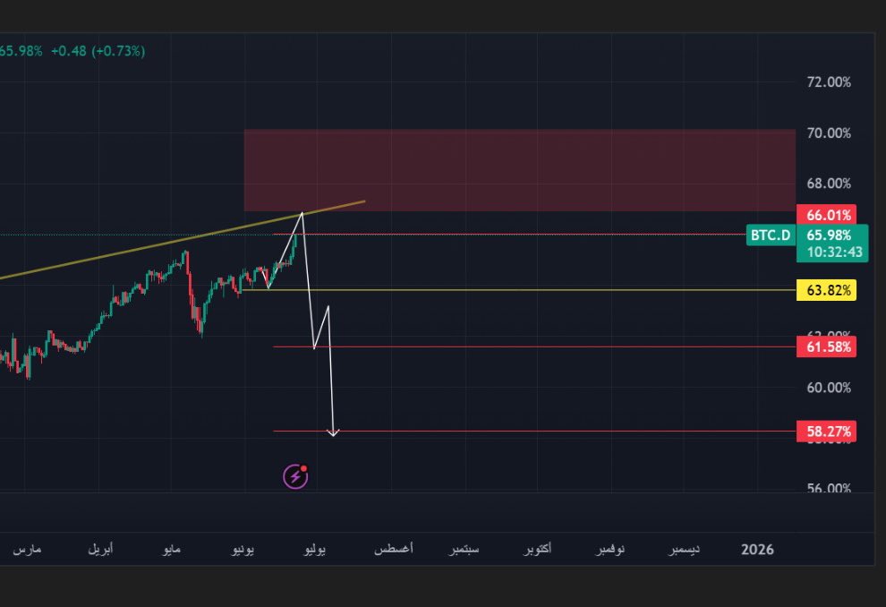 📊 #BTC.D | استحواذ البتكوين
بلغ استحواذ البتكوين الآن مستويات 66%، 

مقتربًا من الهدف الفني المحدد مسبقًا عند 66% – 67%.
⚠️ احتمالية رؤية شمعة طويلة تخترق نحو 68% قائمة، قبل أن نشهد بداية تصحيح محتمل.

هذه المناطق تُعد من أقوى مناطق المقاومة التاريخية للاستحواذ، والتي من الممكن