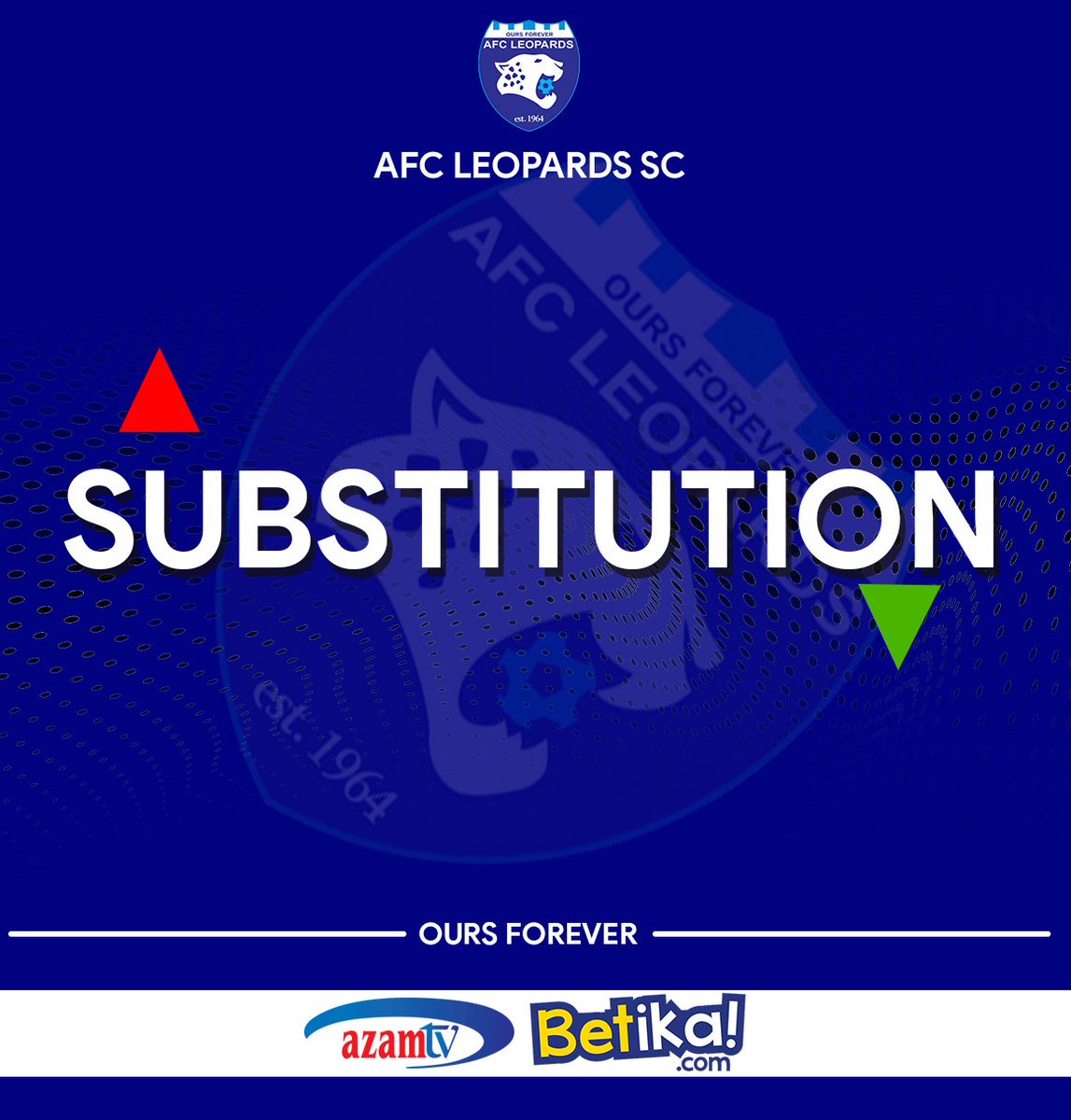AFC Leopards SC (@afcleopards) on Twitter photo 75'
Coach Fred Ambani makes a triple change as we chase for a goal
โก๏ธ Kelly Madada, Victor Otieno, Kevin Kimani
โฌ
๏ธ Hassan Beja, Ronald Sichenje, Kayci Odhiambo
AFC Leopards 0๏ธโฃ KCB FC 0๏ธโฃ
#๐๐๐ญ๐ข๐ค๐ | #๐๐ฎ๐ซ๐ฌ๐
๐จ๐ซ๐๐ฏ๐๐ซ | #๐๐๐๐๐ 75'
Coach Fred Ambani makes a triple change as we chase for a goal
โก๏ธ Kelly Madada, Victor Otieno, Kevin Kimani
โฌ
๏ธ Hassan Beja, Ronald Sichenje, Kayci Odhiambo
AFC Leopards 0๏ธโฃ KCB FC 0๏ธโฃ
#๐๐๐ญ๐ข๐ค๐ | #๐๐ฎ๐ซ๐ฌ๐
๐จ๐ซ๐๐ฏ๐๐ซ | #๐๐๐๐๐