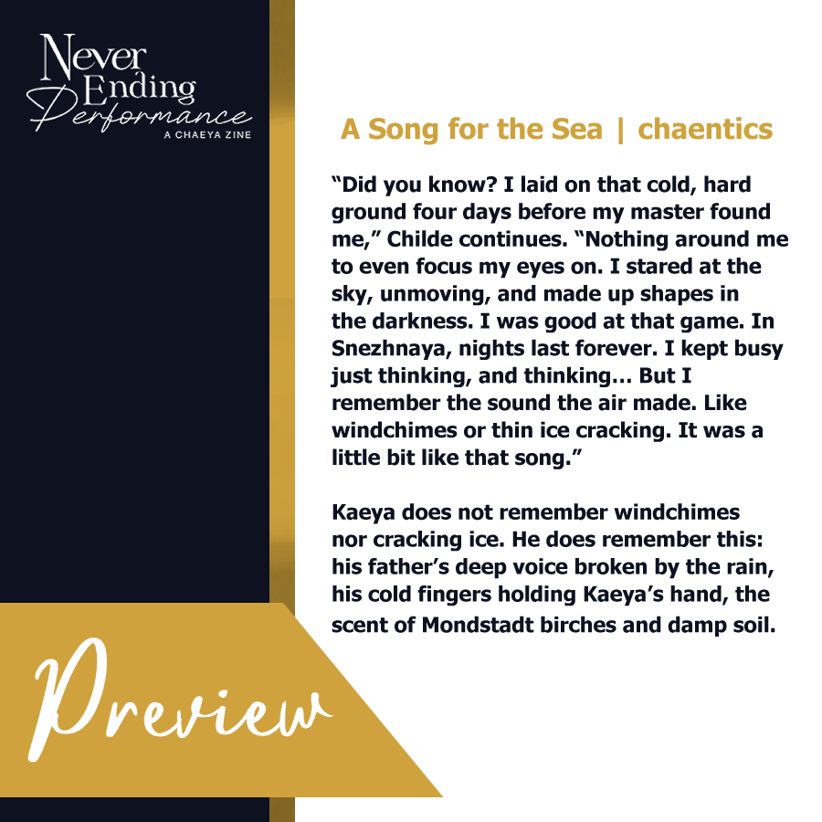 watch out chaeya fans!! <a href="/chaeyafanzine/">Never-Ending Performance: Chaeya Zine</a> has opened preorders!! (JULY 7 – AUG 7)

🩵🧡 if you want to see some gorgeous spot art from renge and read about childe and kaeya exploring the ruins of fontaine together, place an order!