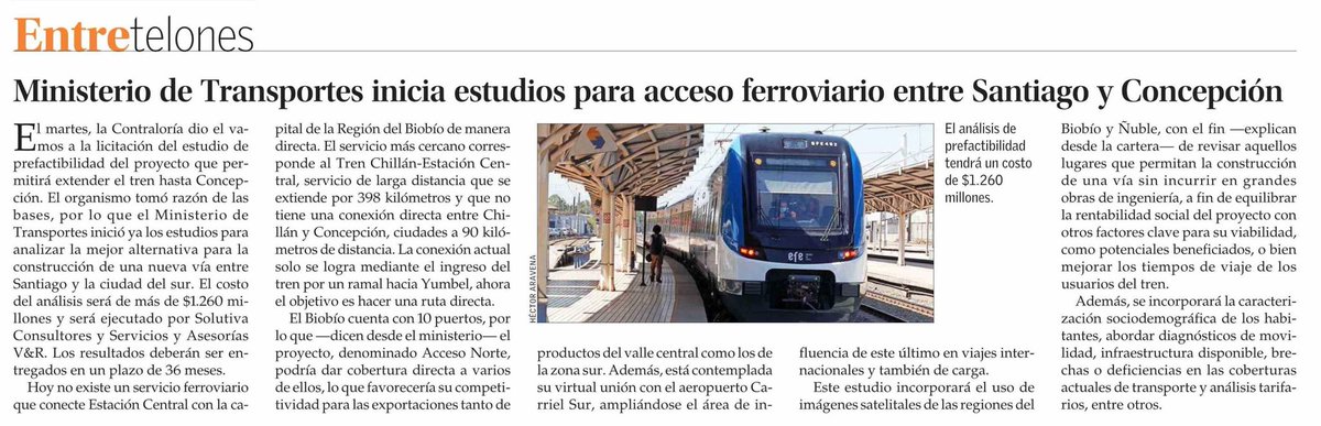 Ministerio de Transportes y Telecomunicaciones (@mttchile) on Twitter photo De la mano de <a href="/MTTSectra/">Programa de Vialidad y Transporte Urbano</a>, iniciamos los estudios para analizar la mejor ruta para una nueva vía de tren entre
Santiago y Concepción🚊
El análisis de prefactibilidad también evaluará la conexión con el aeropuerto Carriel Sur, para potenciar viajes internacionales y de carga. De la mano de <a href="/MTTSectra/">Programa de Vialidad y Transporte Urbano</a>, iniciamos los estudios para analizar la mejor ruta para una nueva vía de tren entre
Santiago y Concepción🚊
El análisis de prefactibilidad también evaluará la conexión con el aeropuerto Carriel Sur, para potenciar viajes internacionales y de carga.