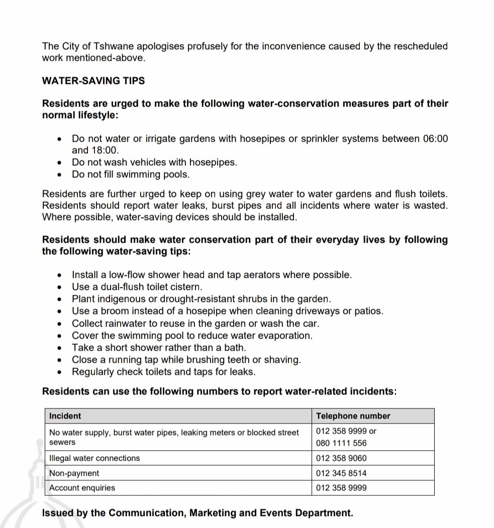 Rescheduled water supply interruption in the Eersterust Reservoir supply area.