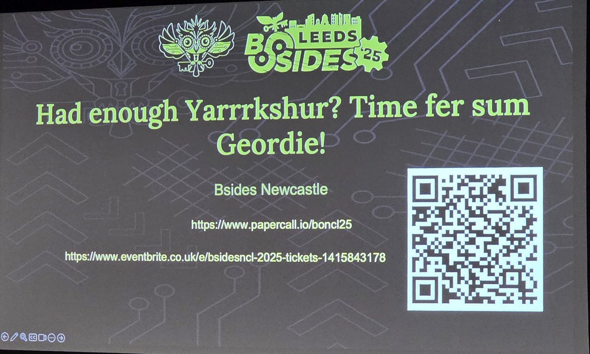 bsidesncl's tweet image. Our @bsidesleeds.bsky.social cousins put on a fantastic conference yesterday.  Huge thanks for making a special announcement at the end of the day-Tickets are now on sale and call for papers is open for BSides NCL.
papercall.io/boncl25
eventbrite.co.uk/e/bsidesncl-20…
#InfosecCommunity