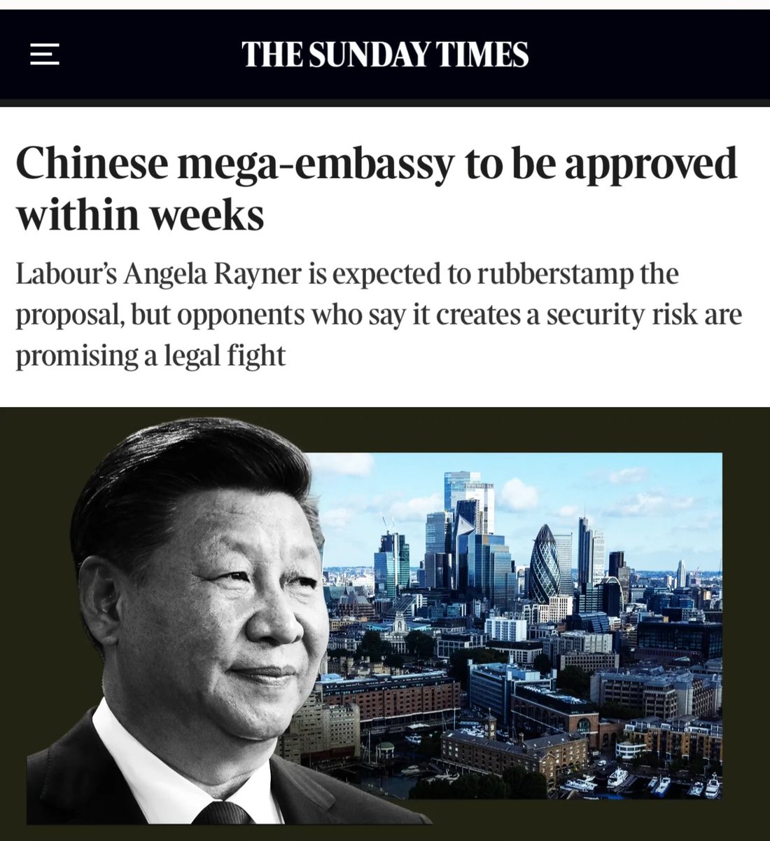 Byron_Wan's tweet photo. 🚨 The new 🇨🇳 super-embassy at Royal Mint Court, close to the Tower of London, has been recommended for approval by the Planning Inspectorate, a decision expected to be waved through by the housing secretary, Angela Rayner, within weeks.

Security concerns were raised about the planned complex because of its proximity to a sensitive hub of critical communication cables which could be susceptible to attack. Mapping data shows the proposed site lies directly between the twin financial centers in the City and Canary Wharf, and close to three important data centers.

A spokesman for Royal Mint Court Residents Association, which represents the people who live or work in properties next to the proposed embassy: “This has been a David versus Goliath battle since the beginning, and we are not giving up now. Most of us fully expected this outcome, and we are now crowdfunding a legal challenge.”

Earlier this month the White House warned Downing Street against allowing a 🇨🇳 embassy to be built near sensitive financial centers in London. The concerns were echoed by the Dutch parliament. 

A senior US official: “The United States is deeply concerned about providing China with potential access to the sensitive communications of one of our closest allies.”

It is understood that President Trump has previously urged Sir Keir Starmer to deny permission for the super-embassy and the issue has been raised in the trade negotiations between the two countries. Diplomats say the president’s administration would have reservations about sharing intelligence with the UK if the embassy opened.

A memo was passed to the 🇺🇸 National Security Council by members of the Inter-Parliamentary Alliance on China (Ipac) claiming that the “dark cabling” under the embassy site “feeds the City of London”, the heart of UK financial services. It also claimed that the Bank of England threat team had warned about the “associated risks”.

Kemi Badenoch, the leader of the Conservative Party: “The government should block this request from China, a state the prime minister himself describes as an ‘adversary’ and which the head of MI5 has said is conducting espionage on an ‘epic scale’ against the UK. The vast embassy site is several times bigger than the Royal Albert Hall.”

Beijing has been trying to redevelop the former Royal Mint buildings since it bought the site in 2018. It is understood 🇨🇳 Foreign Minister Wang Yi raised the issue with 🇬🇧 foreign secretary David Lammy during a visit to London in January. Xi Jinping had earlier done the same in a call with Starmer.

The planning decision for the embassy was called in by Rayner last year, which means she exercised her power to take over the decision from the local authority. The plan was initially refused by Tower Hamlets council in 2022. 

Within a fortnight of Rachel Reeves, the chancellor, returning from an official visit to China earlier this year, both Scotland Yard and Tower Hamlets council dropped their objections to the project. 

Luke de Pulford, executive director of Ipac: “This will come as a surprise to nobody, but a crushing disappointment to many, including — and perhaps most especially — the security services. It has felt for some time that this outcome was preordained. The whole thing reeks of diplomatic duress and capitulation.”

https://t.co/Yb4VXiUitG