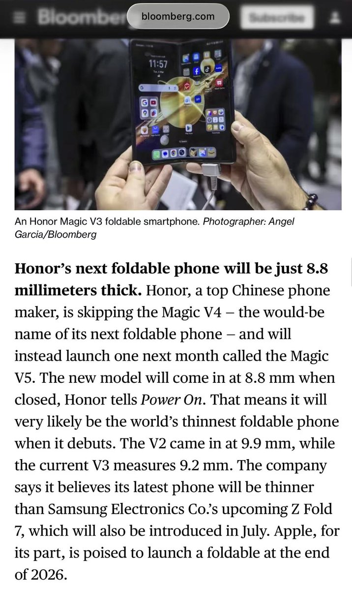 Bhavya Siddappa (@bhavis) on Twitter photo Bloomberg’s <a href="/markgurman/">Mark Gurman</a> has confirmed that the #HONORMagicV5 is set to reclaim the title of the world’s thinnest foldable smartphone, boasting an ultra-slim profile of just 8.8mm.
bloomberg.com/news/newslette… Bloomberg’s <a href="/markgurman/">Mark Gurman</a> has confirmed that the #HONORMagicV5 is set to reclaim the title of the world’s thinnest foldable smartphone, boasting an ultra-slim profile of just 8.8mm.
bloomberg.com/news/newslette…