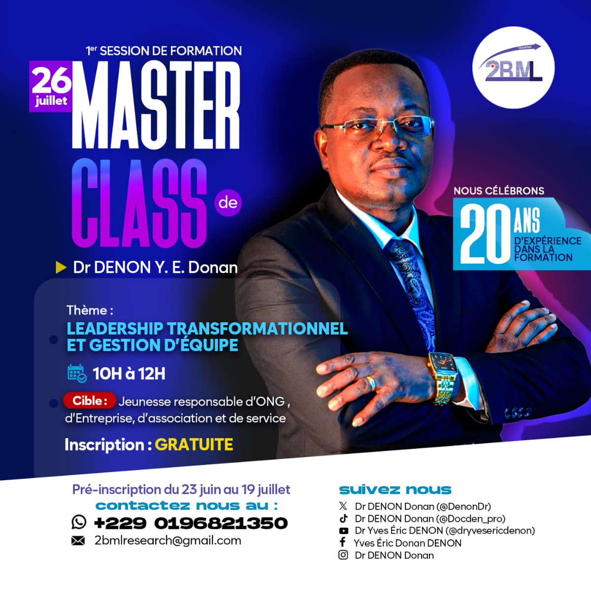 DenonDr's tweet photo. Ça y est!!!
Dans le cadre de mes 20 ans d'expérience dans la formation,  joffre gratuitement une formation: Leadership transformationnel et gestion d'équipe.
Pour vous inscrire,  contactez-nous par whatsapp au +22996821350 ou au mail 2bmlresearch@gmail.com https://t.co/3HYuV0HztG
