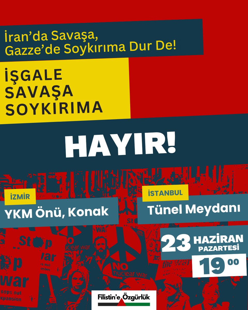 _ozgurfilistin's tweet photo. 🚨 Acil Eylem Çağrısı ‼️
Gazze 20 aydır emperyalistler tarafından desteklenen İsrail tarafından yakılıp yıkılırken ABD, İran’ı dün sabaha karşı bombaladı. İran’a saldırılar, savaşı tüm bölgeye yayma potansiyeline de sahip.

Tüm savaş karşıtlarına çağrımızdır:
Yarın #İstanbul ve #İzmir'de
 ⏰19.00’da bir araya gelelim.

#SavaşaSoykırımaDurDe