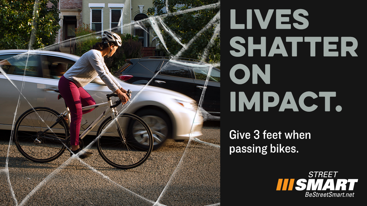 Drivers, give at least 3 feet when passing bikes. #BeStreetSmart