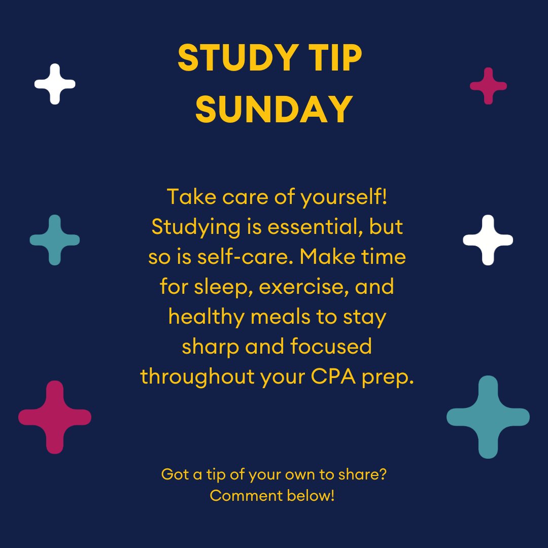 BeckerAcct's tweet photo. Pro tip for success? Take care of YOU. ๐งโโ๏ธ Fuel your brain with rest, exercise, and good food to power through CPA prep!
#StudyTipSunday #BeckerAccounting https://t.co/ySvgj9fT1c