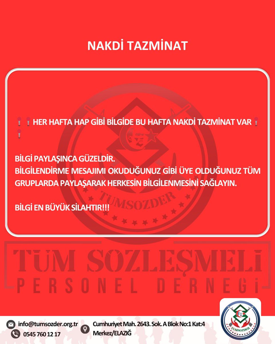 📍📍HER HAFTA HAP GİBİ BİLGİDE BU HAFTA *NAKDİ TAZMİNAT* VAR📍📍

*BİLGİ PAYLAŞINCA GÜZELDİR.*
*BİLGİLENDİRME MESAJIMI OKUDUĞUNUZ GİBİ ÜYE OLDUĞUNUZ TÜM GRUPLARDA PAYLAŞARAK HERKESİN BİLGİLENMESİNİ SAĞLAYIN. BİLGİ EN BÜYÜK SİLAHTIR!!!*

-Tümsözder