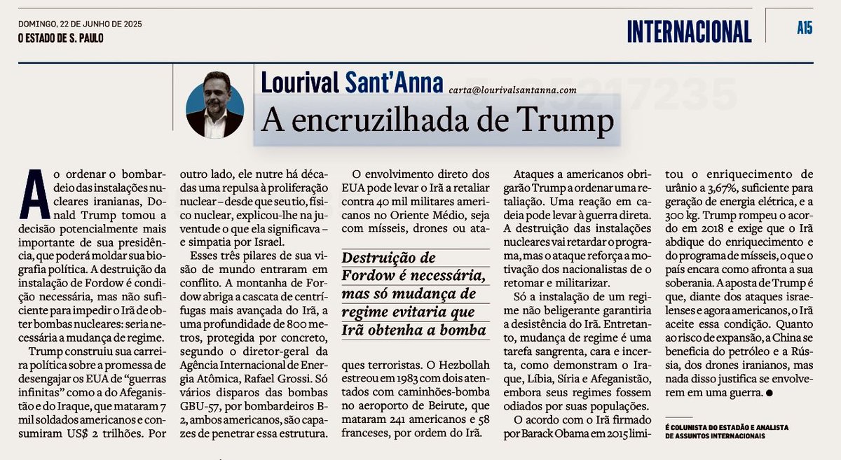 Josie Melo 🇧🇷ela é nossa (@josie_melo) on Twitter photo A destruição da instalação de Fordow é condição necessária, mas não suficiente para impedir o Irã de obter bombas nucleares: seria necessária a mudança de regime. <a href="/lsantanna/">Lourival Sant'Anna</a> recomendo a leitura <a href="/reztirps/">Andre Spritzer</a> <a href="/mzoeramos/">Marcia Zoé Ramos</a> <a href="/Seneguini/">Seneguini</a> <a href="/EconomicsArtBRL/">Nilson_Teixeira</a> A destruição da instalação de Fordow é condição necessária, mas não suficiente para impedir o Irã de obter bombas nucleares: seria necessária a mudança de regime. <a href="/lsantanna/">Lourival Sant'Anna</a> recomendo a leitura <a href="/reztirps/">Andre Spritzer</a> <a href="/mzoeramos/">Marcia Zoé Ramos</a> <a href="/Seneguini/">Seneguini</a> <a href="/EconomicsArtBRL/">Nilson_Teixeira</a>