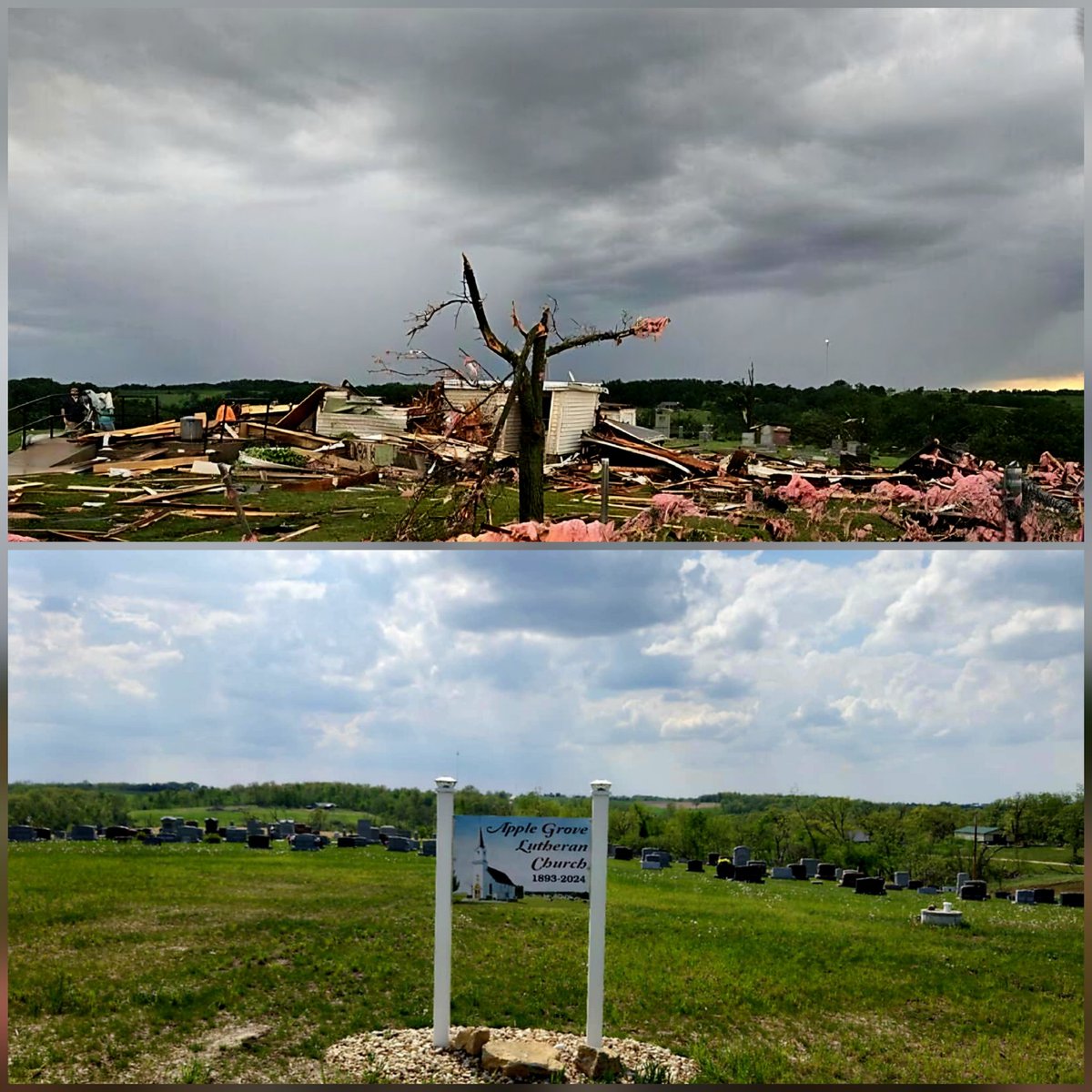 1 year ago today. 
Argyle, Wis. 

Somewhat overshadowed by the Janesville tornado, Argyle regardless of rating was a violent tornado.  
The sight of the Apple grove church the day of and a year later. #wiwx #tornado #Argyle