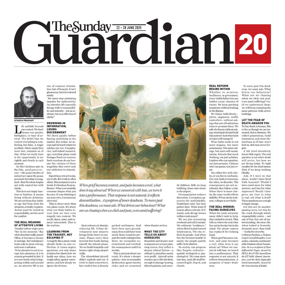 Prashant_Advait's tweet photo. Acharya Prashant's Column in The Sunday Guardian  

"Before it's Too Late: Living in an Age of Trivialized Tragedy"

✨➖✨➖✨

"When grief becomes content, and pain becomes a reel, what does it say about us? When we cannot sit with loss, we turn it into a performance. That response is not natural; it reflects desensitization. A symptom of inner deadness. To move past this deadness, we must ask: What drives our behaviour? What are we chasing when we click and post, even amid suffering?"

✨➖✨➖✨

Read the full article:  
https://t.co/NoWlVvQvHn
