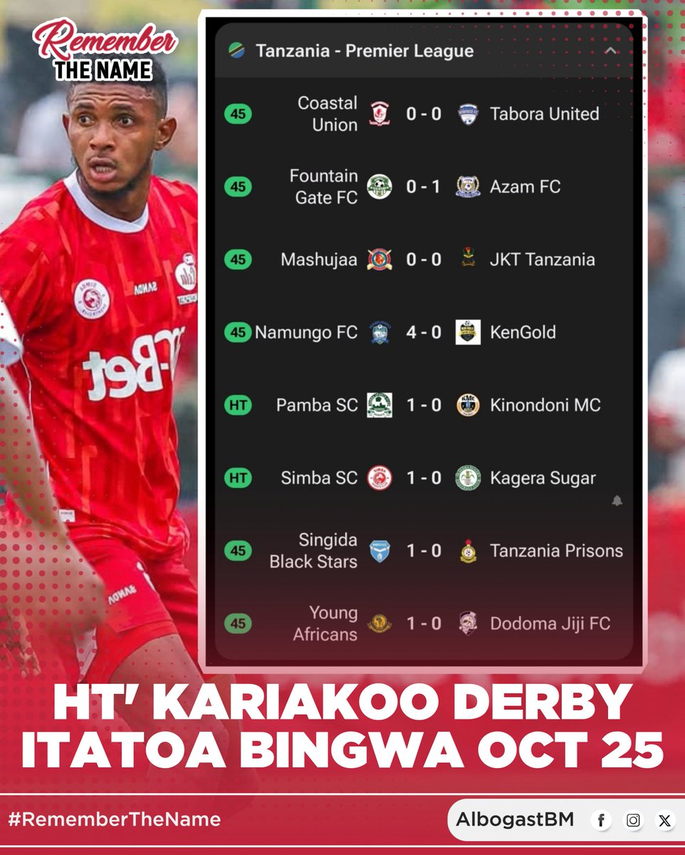 albogastbm's tweet image. Kwa matokeo haya ya Half Time Yanga anaongoza na Simba anaongoza. Hapo mchawi ni Oktoba 25 kama matokeo yatabaki hivi.
#RememberTheName