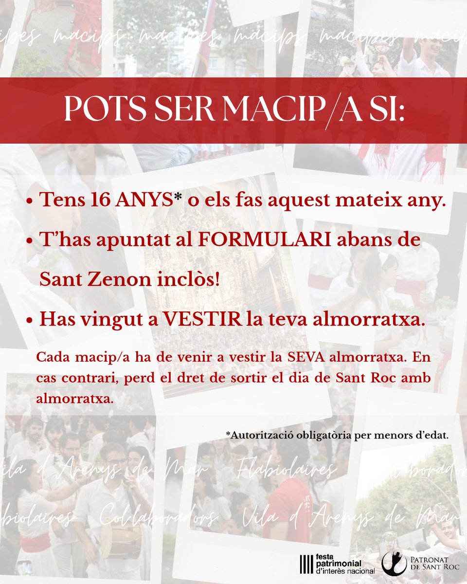 Com cada any, per Sant Joan obrim les inscripcions de macips/es! 🎇

Com bé sabeu, per ser macip/a cal ser tenir més de 16 anys o fer-los enguany, entrar al formulari de la web i molt important, venir a vestir la teva almorratxa! 💦